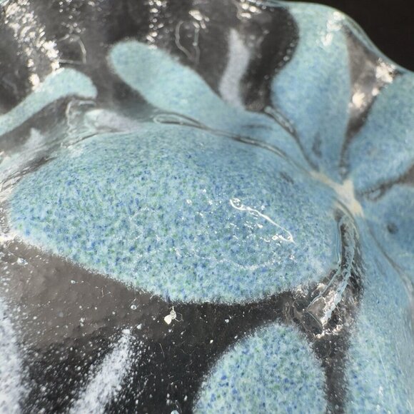 Sydenstricker Bowl Dish Fused Art Glass Ruffled Bowl Clear Blue Flowers Signed - Picture 6 of 15